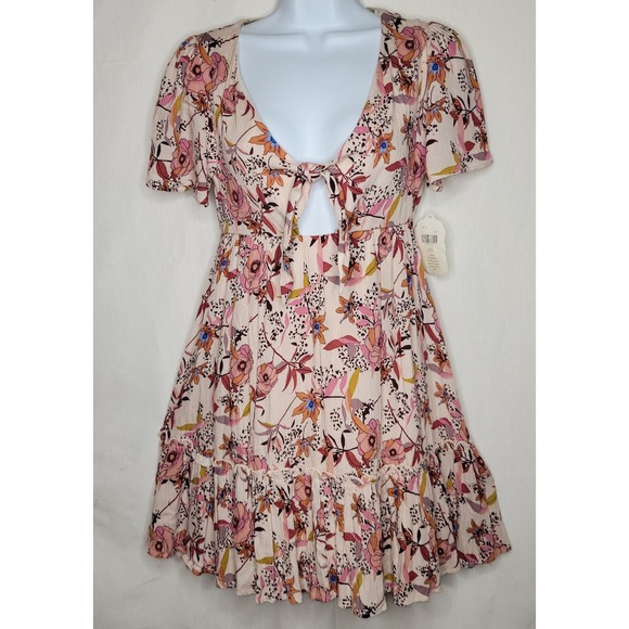 Altar'd State Boho Floral Tie Front, Tiered Mini Dress - Picture 2 of 7
